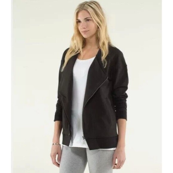 Lululemon Jacket Mula Wrap Bundle Womens 10 Black Asymmetrical Zip Striped Walk - Picture 2 of 10